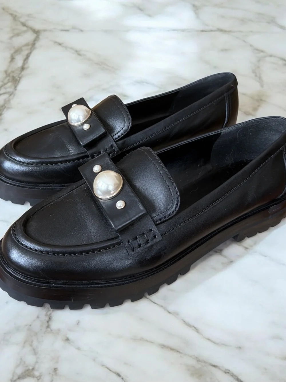 kate spade Black Leather Loafers with Pearl Accent